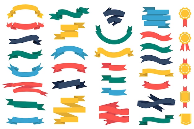 Fitas mega-conjunto em design de desenho animado plano Elementos de pacotes de diferentes cores fitas em branco com bordas dobradas e rolantes e modelos de medalhas de premiação Ilustração vetorial objetos gráficos isolados