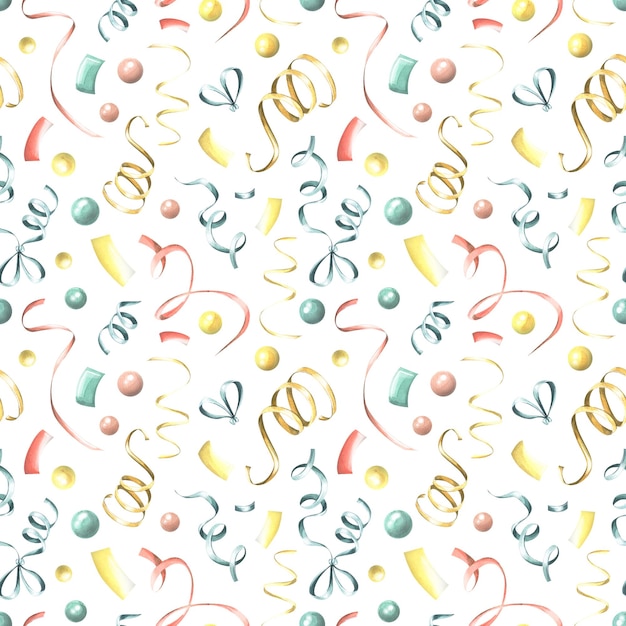 Foto fitas multicoloridas e confetes em um fundo branco ilustração em aquarela padrão festivo de felicitações sem costura da coleção de feliz aniversário para tecido de papel de embrulho têxtil