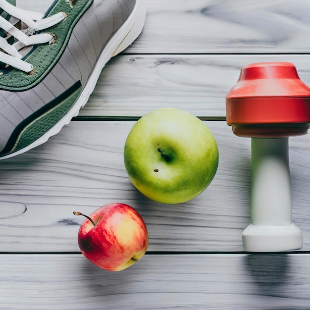 Fitness com halteres de tênis e maçã em fundo branco de madeira
