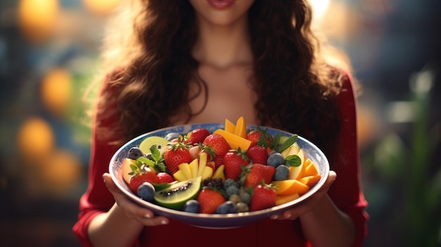 Fitness y concepto de estilo de vida saludable Una mujer está descansando y sosteniendo un plato de fruta