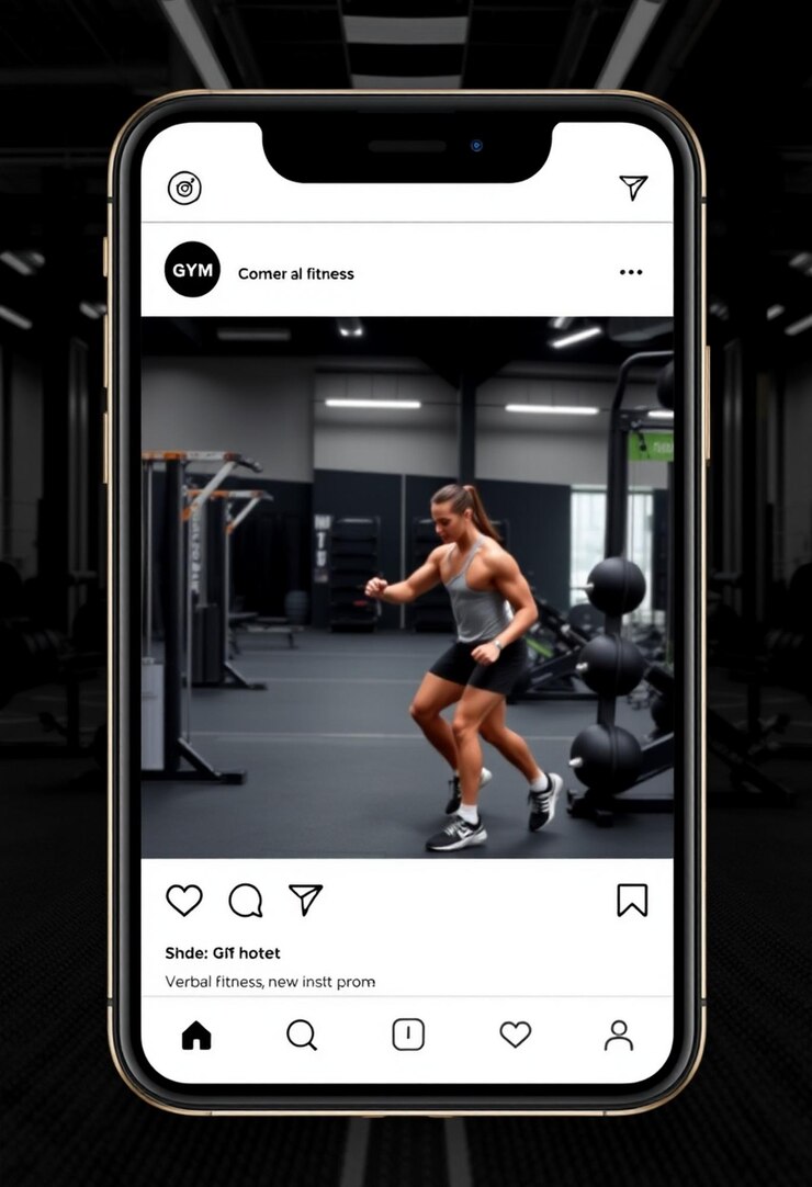 Foto fitness de ginásio, mídias sociais e modelo de postagem no instagram