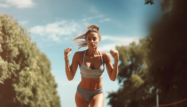 Fitness de verão no ar fresco jovem mulher corre uma maratona