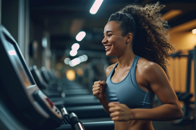 Fitness-Frau läuft auf dem Laufband im Fitnessstudio Bokeh-Stil Hintergrund