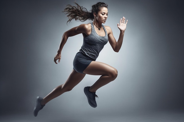 Fitness joven mujer saltando y corriendo sobre fondo gris