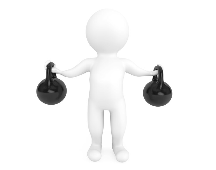 Foto fitness-konzept. 3d-person mit kettlebells auf weißem hintergrund