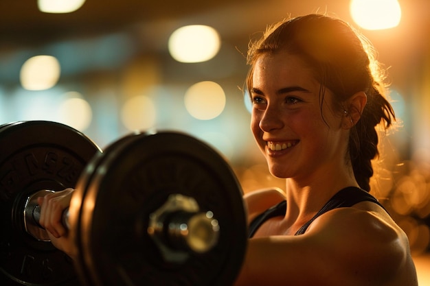 Fitness-Mädchen heben Hanteln im Fitnessstudio Bokeh-Stil Hintergrund