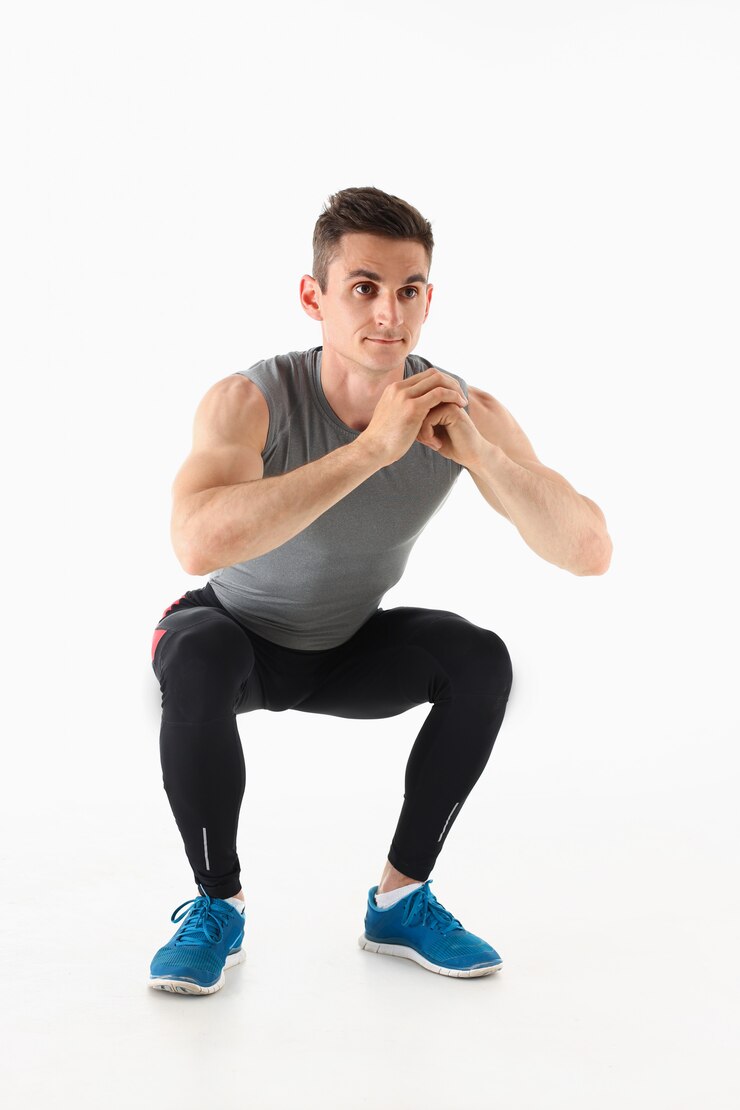 Foto fitness mann crouchs vom boden demonstriert