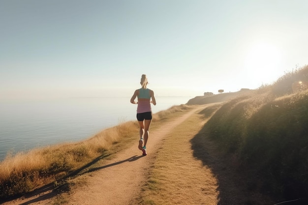 Fitness mujer irreconocible corriendo entrenamiento para maratón en sendero de la costa soleada