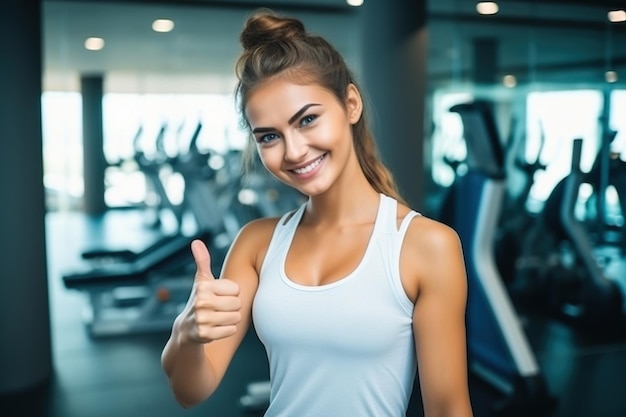Fitness de mujer sonriente y aprobación para ejercicios de salud y entrenamiento para vivir un bienestar activo y un estilo de vida saludable con gimnasio Entrenador personal