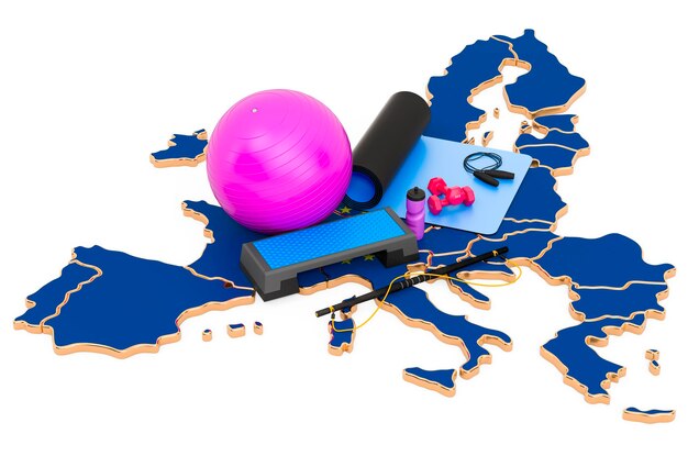 Fitness na união europeia equipamentos de ginástica no mapa da ue renderização 3d