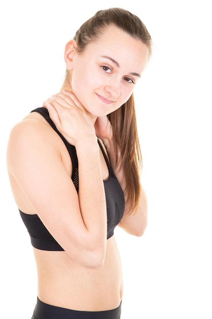Fitness schlanke Frau mit Nackenschmerzen im weißen Hintergrund