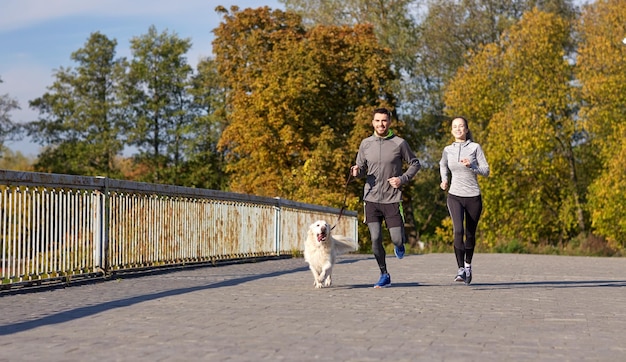 Fitness-, Sport-, People- und Lifestyle-Konzept - glückliches Paar mit Hund, der im Freien läuft