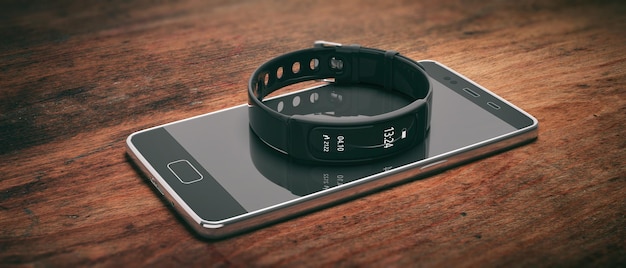 Fitness Tracker Smart Watch und Handy isoliert auf Holzhintergrund 3D-Darstellung