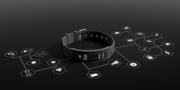 Fitness-Tracker-Smartwatch auf schwarzem Hintergrund mit Apps-Symbolen 3D-Darstellung