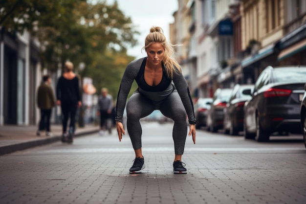 Fitness urbano empoderando a las mujeres a través del estiramiento en la calle para ejercicios de cardio y entrenamiento al aire libre