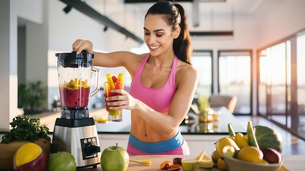 Foto fitnessfrau bereitet einen entgiftungssaft vor