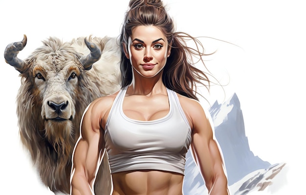 Fitnessfrau mit langen Haaren und einem großen Stier auf weißem Hintergrund