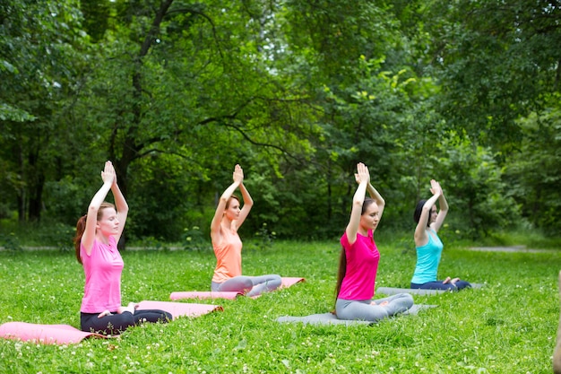 Fitnessgruppe, die Yoga im Park tut