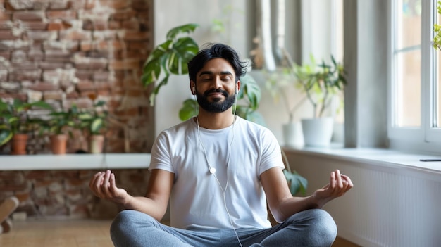 Fitnessmeditation und gesundes Lebensstil Konzept Indischer Mann in Kopfhörern, der Musik auf seinem Smartphone hört und zu Hause in der Lotus-Pose meditiert