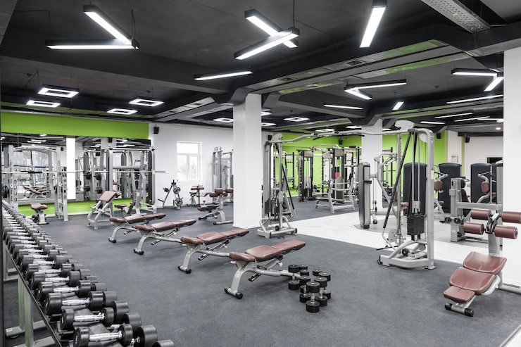 Foto fitnessraum mit trainingsgeräten und schwarzer decke