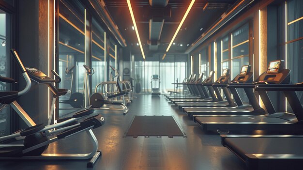 Foto fitnessstudio mit reihen von laufbahnen cardio-fitness