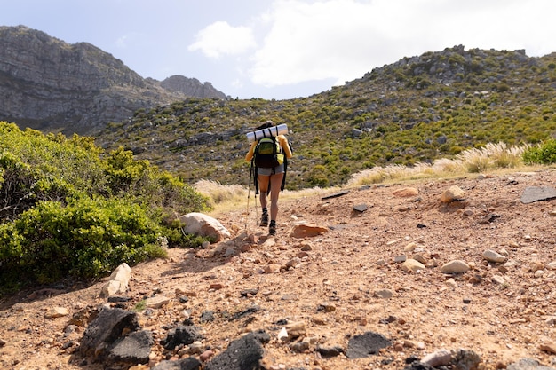 Fitte Afroamerikanerin Nordic Walking mit Stöcken in der Berglandschaft. Gesunder Lebensstil, Bewegung in der Natur.