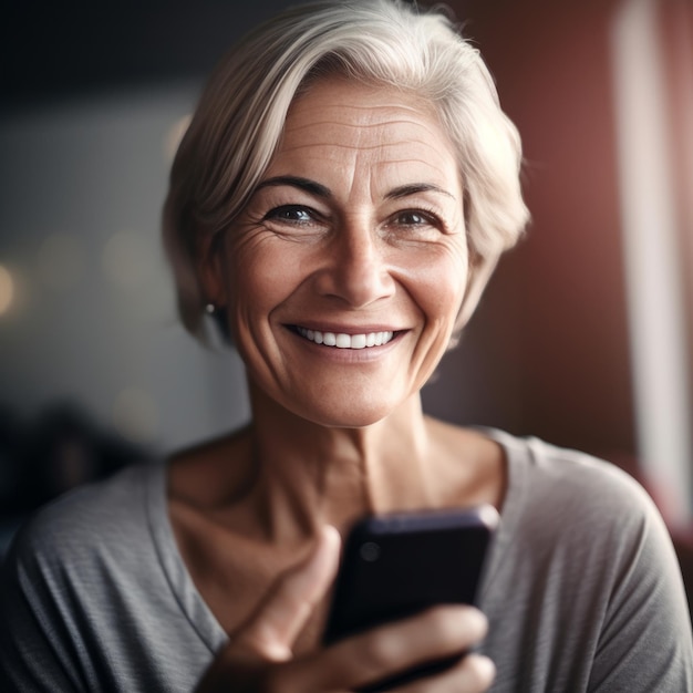 Fitte Frau mittleren Alters, die ihr Smartphone anlächelt