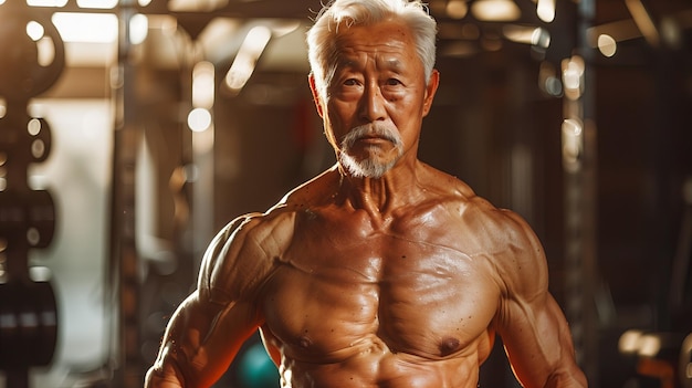 fitter älterer Mann, der seine Muskeln im Fitnessstudio zeigt, älterer Bodybuilder