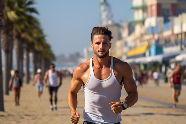 Fitter Mann läuft auf dem Santa Monica Beach Boardwalk mit dem Pazifischen Ozean als Hintergrund-KI