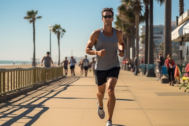 Fitter Mann läuft auf dem Santa Monica Beach Boardwalk mit dem Pazifischen Ozean als Hintergrund-KI