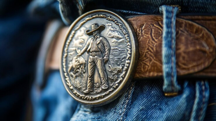 Foto fivela de cinto de cowboy detalhada com um cowboy com gado em uma paisagem acidentada