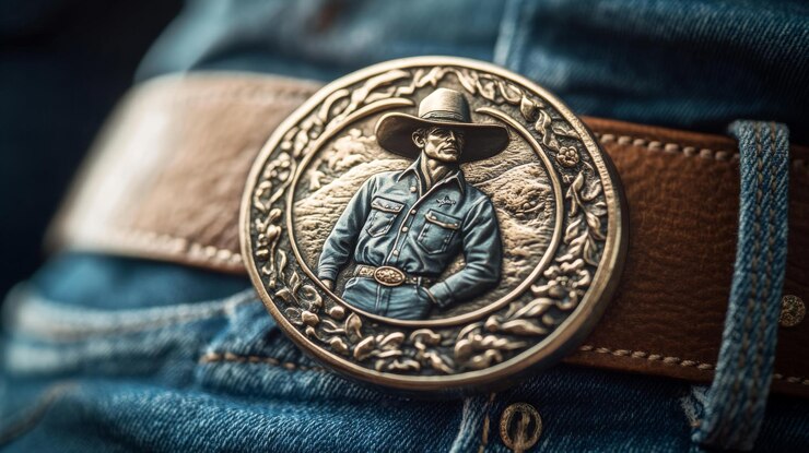 Foto fivela de cinto de cowboy detalhada em trajes de denim mostrando o estilo de moda ocidental