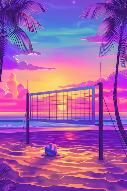 Flach 3D-Cartoon magischer Sonnenuntergang Strandvolleyball