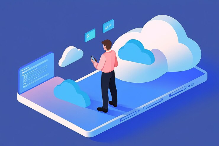 Foto flach 3d-isometrischer geschäftsmann hält ein smartphone und sendet daten in die cloud