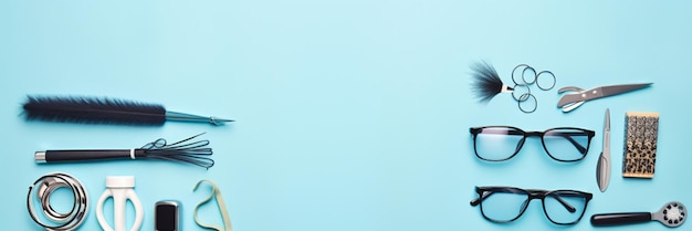 Foto flach gelegene komposition mit männeraccessoires auf blauem hintergrund top-view