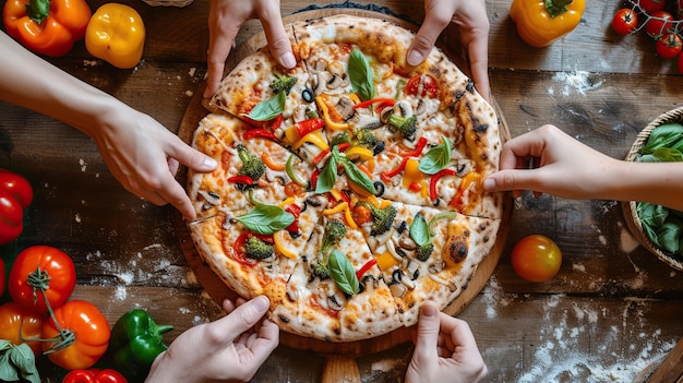 Flach gelegene Zusammensetzung von köstlicher Pizza mit möglichen Händen, die ein Stück davon nehmen wollen