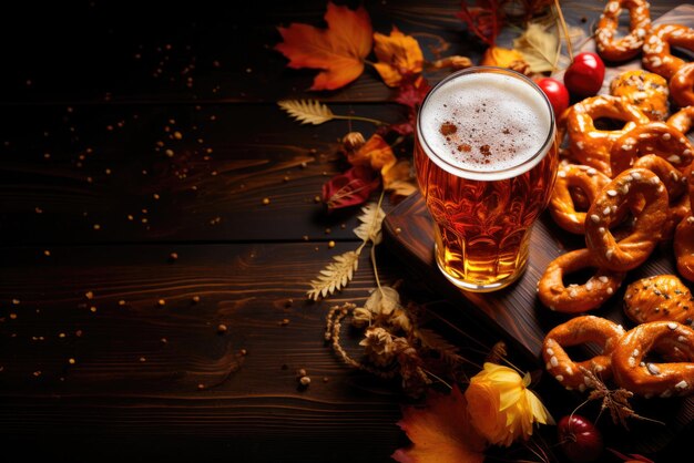 Foto flach gelegte oktoberfest-pretzel und ein glas bier auf schwarzem hintergrund mit kopierraum