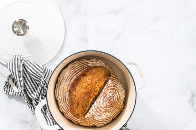 Flach liegen. Frisch gebackener Brotlaib aus Weizensauerteigbrot mit Markierungen aus dem Brotgärkorb in einem emaillierten gusseisernen holländischen Ofen.