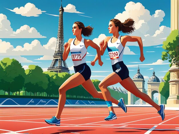 Flachdarstellung Die Olympischen Sommerspiele in Paris Leichtathletik ein Mädchen Athlet Läufer auf dem Hintergrund