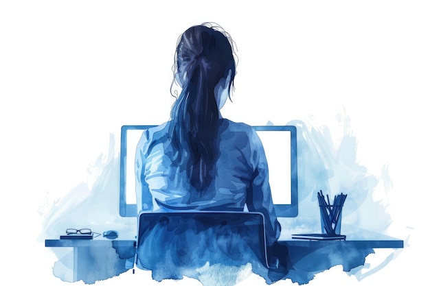 Flachdarstellung einer Frau mit sehr geradlinigem Rücken, die im Büro an einem Computer sitzt. Weißes und tiefblaues Gradient isoliert auf weißem ar 32 stilisieren 250 Job ID 93fdd5d4a2bb41f8807cb15bbabe0bbf