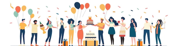 Flachdarstellung von Geburtstagsfeiern, bei denen einige Leute Kuchen und Geschenkkisten in der Hand halten, und glückliche Gesichter vor einer großen Kuche feiern