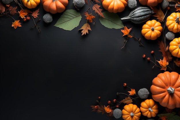 Flache Ansicht von Kürbissen und Herbstblättern auf schwarzem Halloween- oder Thanksgiving-Hintergrund