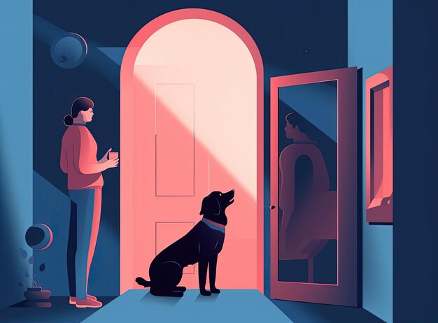 Flache Cartoon-Illustration von Mutter und Sohn, die den Hund in der Tür im Zeichentrickstil betrachten