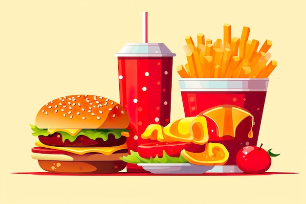 flache Darstellung von Fast-Food-Mahlzeiten auf isoliertem Hintergrund generativ ai