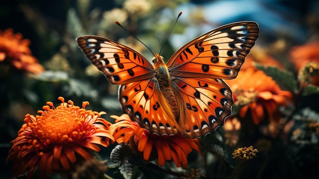 Flache Fokusaufnahme eines orangefarbenen Schmetterlings auf einer gelben Blume, generiert von KI
