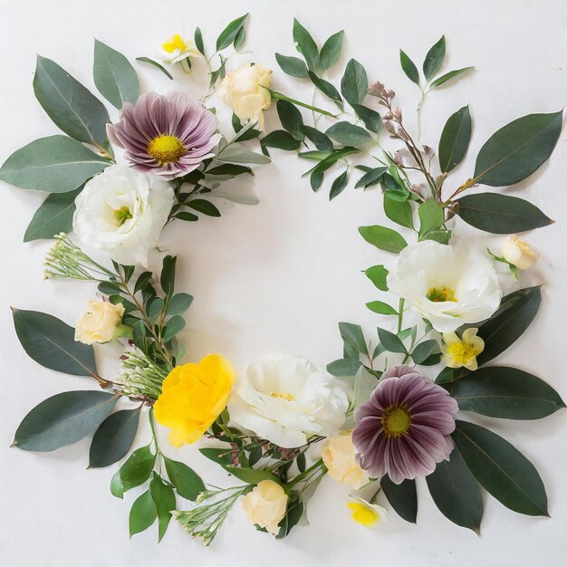 Flache Frühlingsblumenkomposition Top-View-Kranz aus farbenfrohen Blumen auf weißem Hintergrund