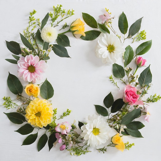 Flache Frühlingsblumenkomposition Top-View-Kranz aus farbenfrohen Blumen auf weißem Hintergrund