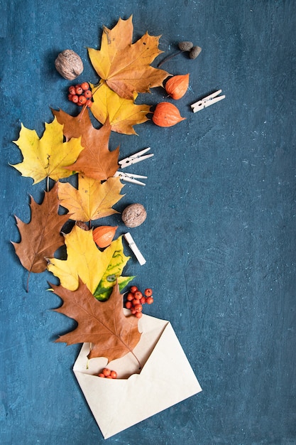 Foto flache herbstorangenblätter und physalis auf dunklem hintergrund