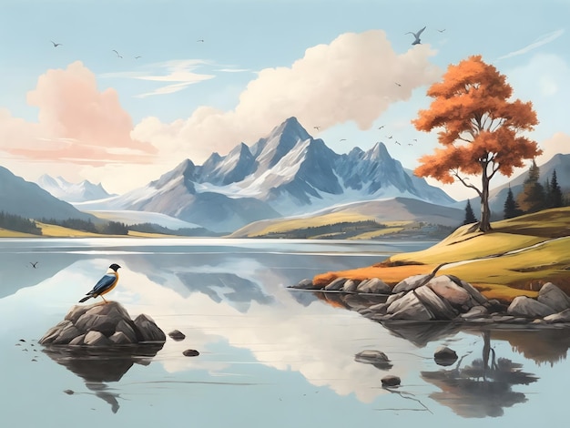 Flache Illustration Berglandschaft See im Hochland Bergbaumvögel