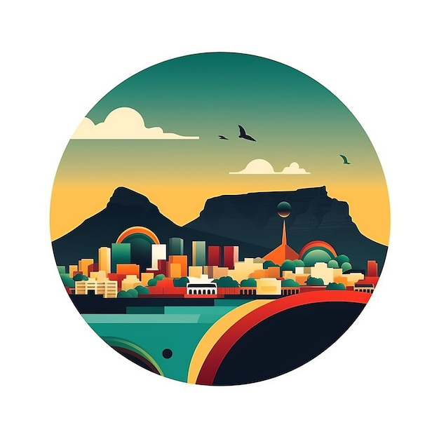 Flache Illustration der Schönheit Kapstadts in den Farben der südafrikanischen Flagge